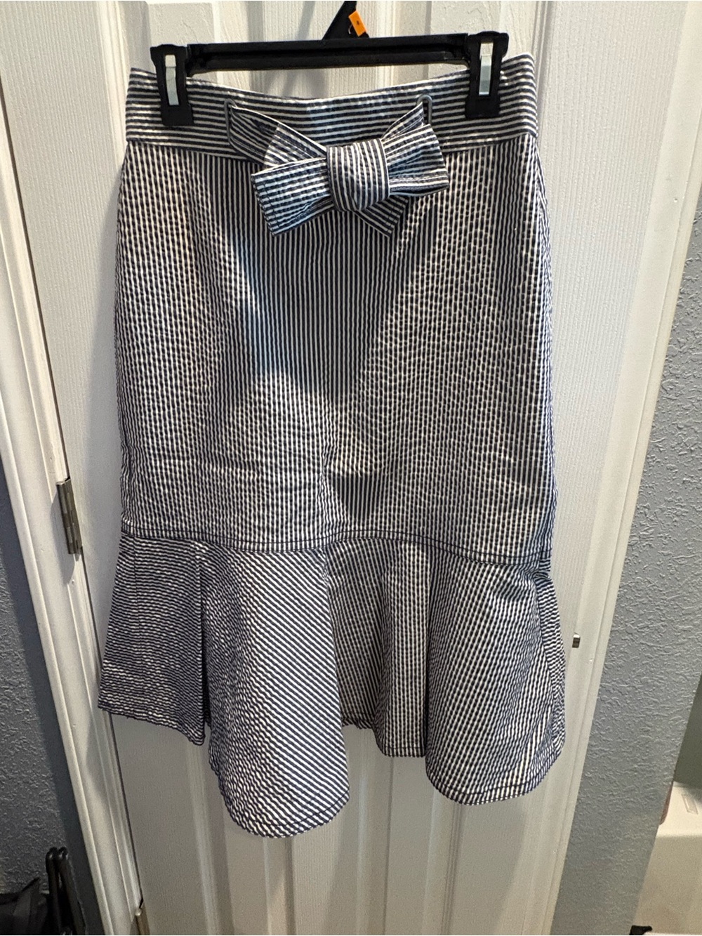 Ann Taylor Navy and White Striped Bow-Waist Ruffle Skirt